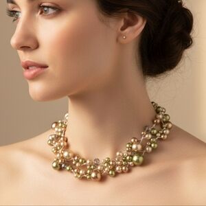 Floating Faux Pearl Illusion Necklace Green  Bronze MultiStrand Statement Choker